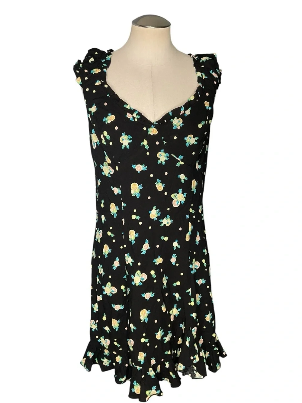 Free People Black Floral Mini Dress Open Back Ruffle Trim Size L